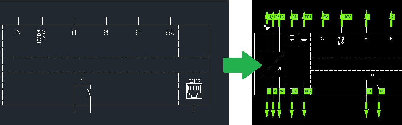 Mithilfe von ECLASS 13 erstellt MatClass aus der DXF Datei ein Schaltsymbol inklusive Anschlussinformationen 1360x423
